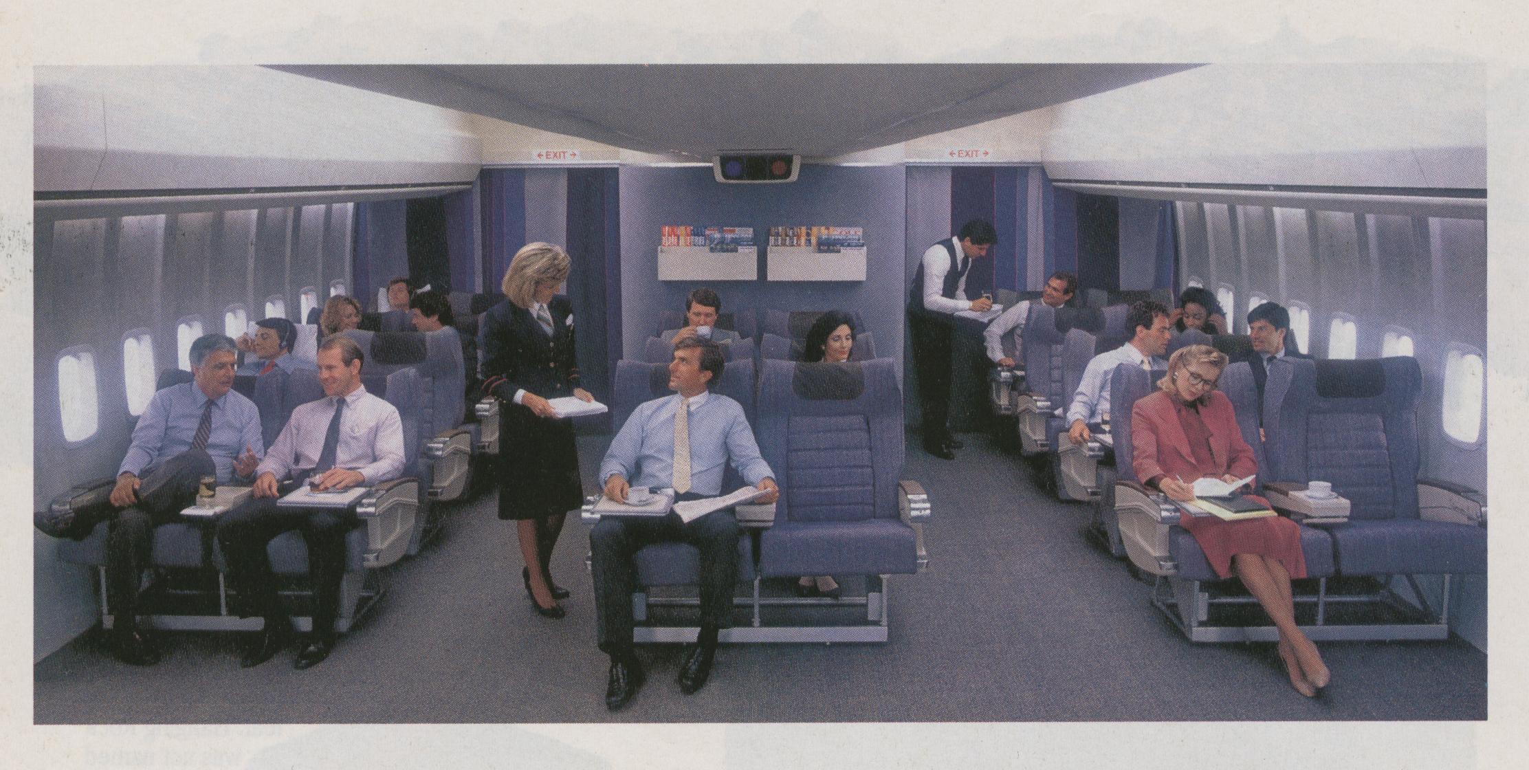 1990 A Pan Am 'Clipper Class' (business class) cabin with 6 across luxury seating.